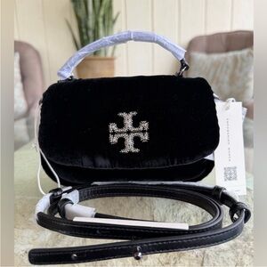 Tory Burch Britten Black Velvet Puffy Mini Top Handle Handbag
